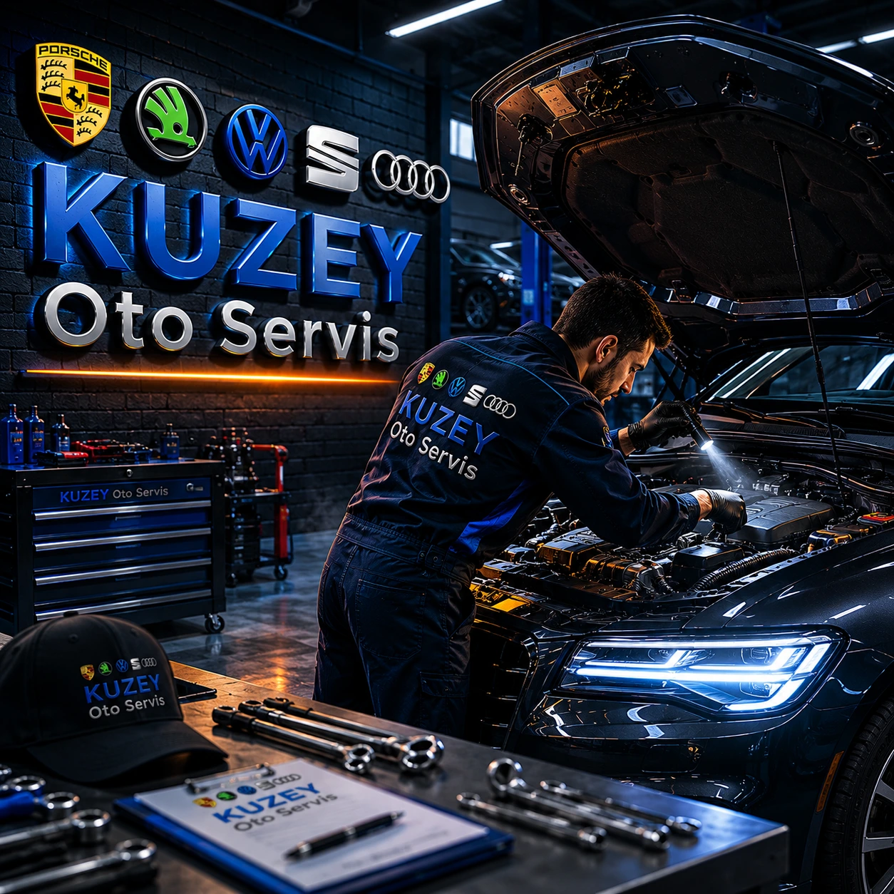 Kuzey Oto Servis teknisyeni Seat araca müdahale ederken